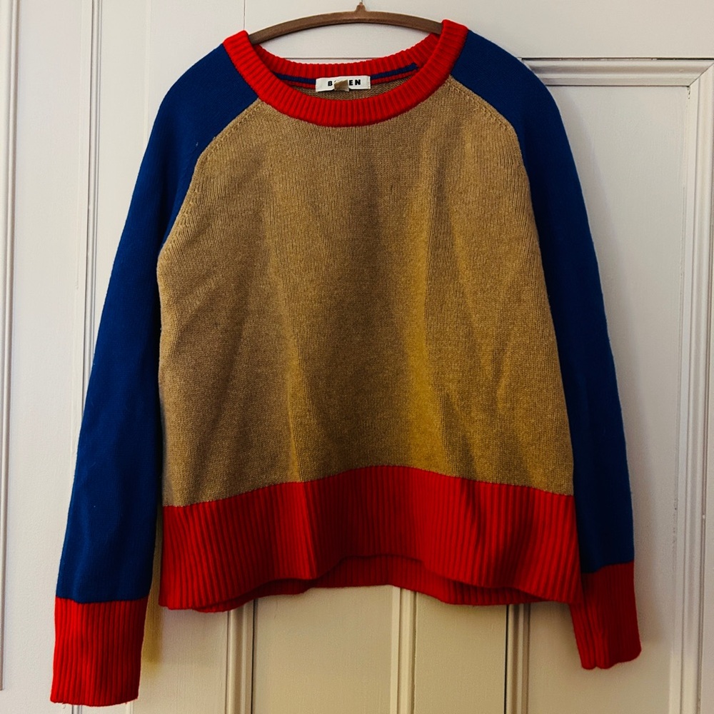 Boden Multicolor Crew Neck Sweater - Red, Blue, and Tan